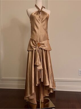 Vintage Gold Satin Halter Drop Waist Gown 90s Old Hollywood Formal Maxi Dress